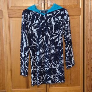 Title Nine Women's Navy White Floral Mesh Hooded Swim Coverup Size S
